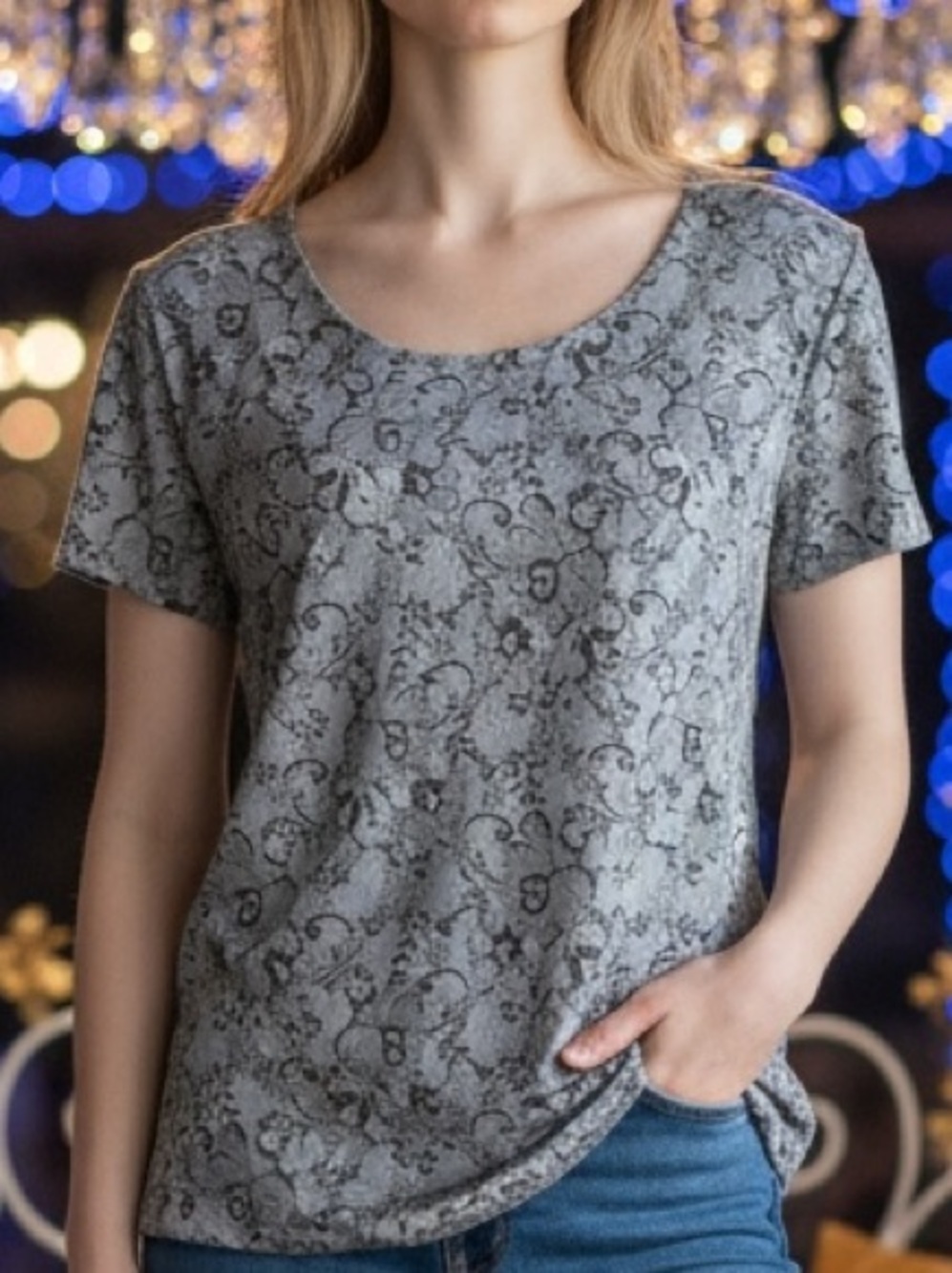 Soft Gray Floral Tunic Top Large Stretch Casual Office Travel